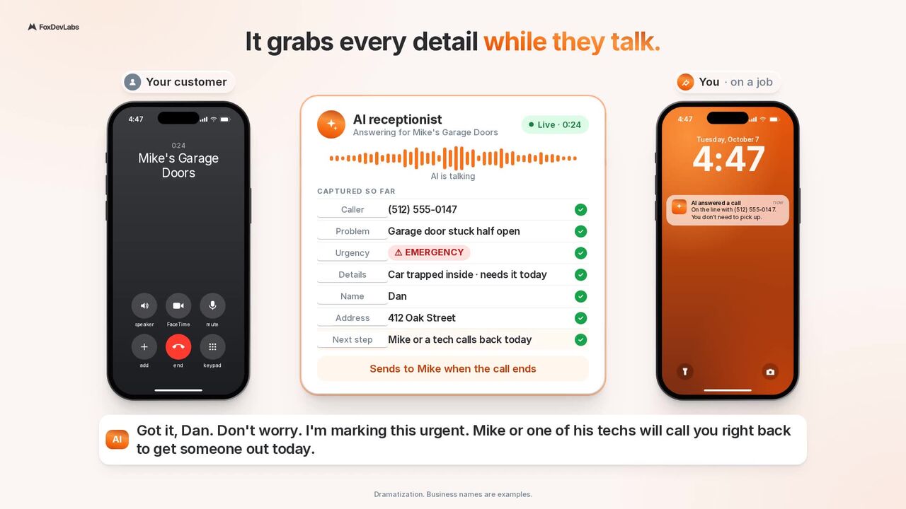 The AI receptionist answering a call and filling in the caller's details. Play the video.